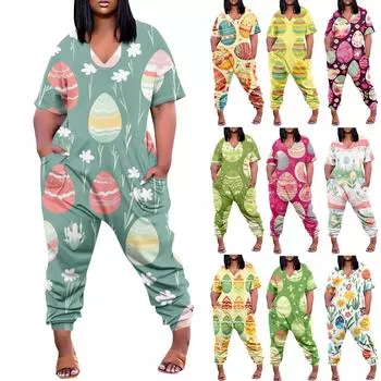 Женские повседневные комбинезоны на молнии с V-образным вырезом и короткими рукавами больших размеров с карманами, широкие длинные комбинезоны L