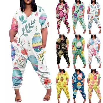 Женские повседневные комбинезоны на молнии с V-образным вырезом и короткими рукавами больших размеров с карманами, широкие длинные комбинезоны L