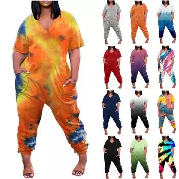 Женские повседневные комбинезоны на молнии с V-образным вырезом и короткими рукавами больших размеров с карманами, широкие длинные комбинезоны (S-5XL) XXL чёрный