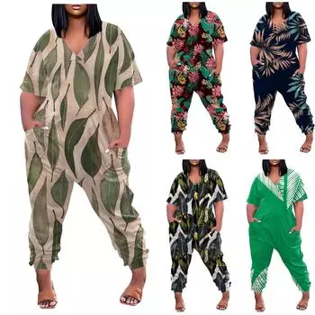 Женские повседневные комбинезоны на молнии с V-образным вырезом и короткими рукавами больших размеров с карманами, широкие длинные комбинезоны L