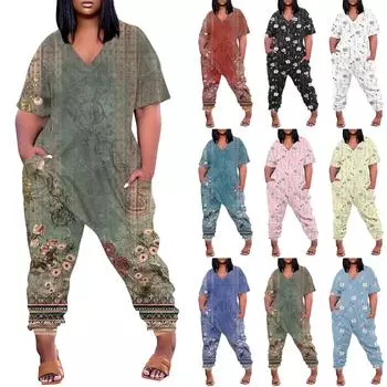 Женские повседневные комбинезоны на молнии с V-образным вырезом и короткими рукавами больших размеров с карманами, широкие длинные комбинезоны L