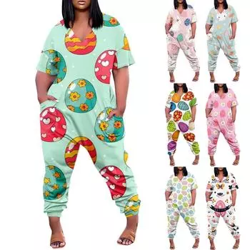 Женские повседневные комбинезоны на молнии с V-образным вырезом и короткими рукавами больших размеров с карманами, широкие длинные комбинезоны L