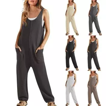 Женские повседневные комбинезоны с карманами, майка без рукавов, длинные комбинезоны XXL бежевый