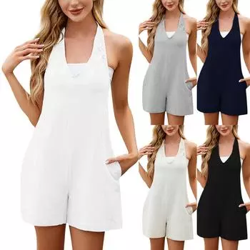 Женские повседневные комбинезоны с регулируемыми бретелями без рукавов летние милые удобные комбинезоны M чёрный