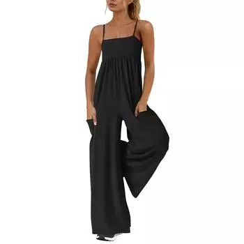 Женские повседневные комбинезоны с широкими штанинами, летние свободные длинные брюки без рукавов, пляжные комбинезоны L чёрный