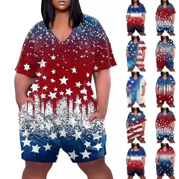 Женские повседневные комбинезоны с V-образным вырезом и карманами с коротким рукавом, широкие шорты, комбинезоны XXL