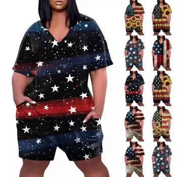 Женские повседневные комбинезоны с V-образным вырезом и карманами с коротким рукавом, широкие шорты, комбинезоны XL