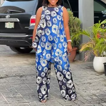Женские повседневные комплекты с круглым вырезом и без рукавов с принтом и брюками M синий