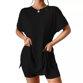 Женские повседневные комплекты с рукавами «летучая мышь» и круглым вырезом, комплект из брюк «три четверти» L чёрный