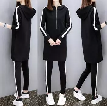 Женские повседневные костюмы больших размеров - Свободные и приталенные спортивные комплекты-двойки для весны и осени 3XL чёрный