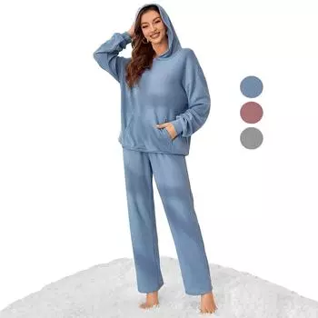 Женские повседневные костюмы, рубашки с длинными рукавами и вафельным капюшоном, брюки, комплект из 2 предметов, свободная домашняя одежда, одежда для сна, удобные пижамы, спортивные костюмы S синий