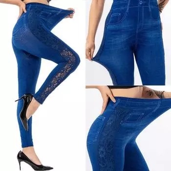 Женские повседневные ковбойские леггинсы с имитацией кружева, узкие укороченные брюки с высокой эластичностью L синий