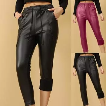 Женские повседневные кожаные брюки свободного кроя с высокой талией и флисом, повседневные брюки с маленькой ногой XL красный