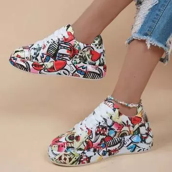 Женские повседневные кроссовки 2024 года, модные новые спортивные туфли со шнуровкой и рисунком граффити для женщин, плоские женские кроссовки из искусственной кожи 35 чёрный