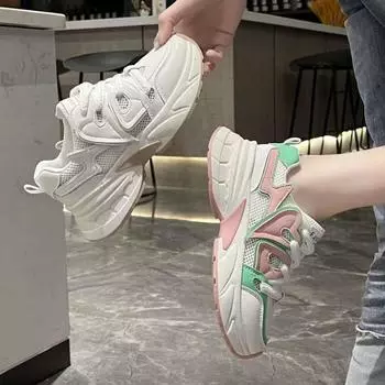 Женские повседневные кроссовки Clunky 2024 года, летние дышащие сетчатые спортивные туфли на платформе для женщин, женские кроссовки на шнуровке, теннис 35 бежевый