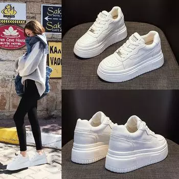 Женские повседневные кроссовки из натуральной кожи белого цвета с круглым носком, подошва толщиной 7 см, дышащие, низкие, размеры 32-40. 38