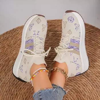 Женские повседневные кроссовки, летняя новая мода, дышащая женская сетчатая спортивная обувь на шнуровке для женщин, дизайнерская обувь для ходьбы на платформе 36 бежевый