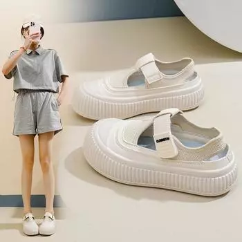 Женские повседневные кроссовки на платформе. Летние дышащие полые прогулочные туфли для женщин. Нескользящая обувь на шнуровке. Спортивные сандалии с открытым носком. 35 бежевый