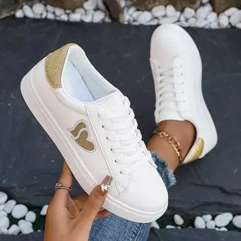 Женские повседневные кроссовки на шнуровке — белый верх из полиуретана с золотистыми акцентами, удобная парусиновая подкладка, всесезонная низкая спортивная обувь 35 белый