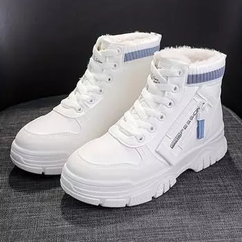 Женские повседневные кроссовки на шнуровке, зимние плюшевые туфли с высоким берцем, нескользящие, теплые туфли 35 чёрный