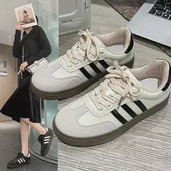 Женские повседневные кроссовки с круглым носком и нескользящей подошвой 2024 года: Немецкие кроссовки на плоской подошве для весны и осени 35 грязно-белый