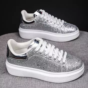 Женские повседневные кроссовки с пайетками, модные дизайнерские кроссовки для бега, спортивные туфли для девочек на шнуровке, на платформе, массивные, дышащие, высокие 36