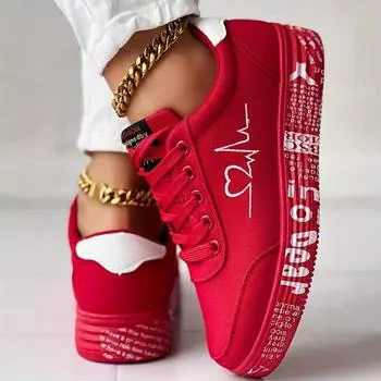 Женские повседневные кроссовки с принтом в виде сердечек, прогулочные туфли на мягкой подошве на платформе со шнуровкой, универсальные туфли для свиданий с низким берцем 36 красный
