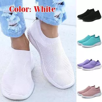 Женские повседневные кроссовки с сеткой, дышащие вязаные кроссовки, женская ультралегкая спортивная обувь, удобная спортивная обувь для ходьбы на плоской подошве, большие размеры 34-44 44 белый