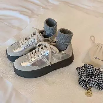 Женские повседневные кроссовки Su Yinyin Retro из натуральной кожи с кружевной окантовкой и толстой подошвой 2024 года 37 серебряный/бежевый