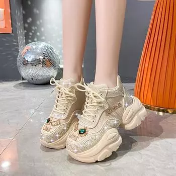 Женские повседневные кроссовки, удобная толстая подошва, роскошный дизайн, цветные кристаллы, блестки, модная женская обувь, кроссовки для бега 35