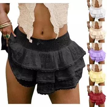 Женские повседневные кружевные шорты в стиле бохо с высокой талией из кружева и многослойного кружева L бежевый