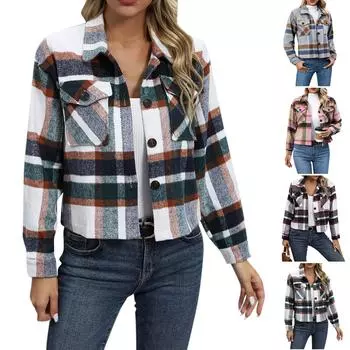 Женские повседневные куртки на пуговицах в клетку с длинными рукавами и верхняя одежда Короткие пальто XL чёрный