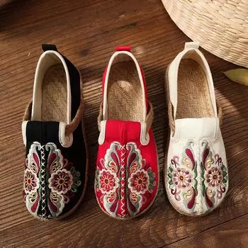 Женские повседневные льняные мюли ручной работы с вышивкой в стиле ретро, веганские летние женские холщовые удобные эспадрильи 35 красный