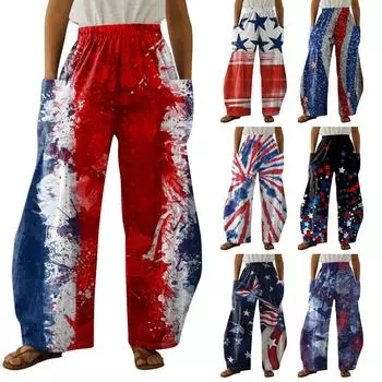 Женские повседневные льняные широкие брюки с принтом, брюки с эластичной резинкой на талии и двумя карманами XXXL синий