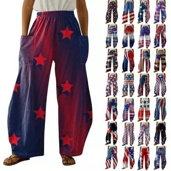 Женские повседневные льняные широкие брюки с принтом, брюки с эластичной резинкой на талии и двумя карманами L чёрный