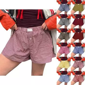 Женские повседневные летние эластичные пляжные шорты, повседневные шорты с клетчатым принтом L чёрный