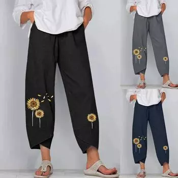 Женские повседневные летние хлопковые свободные длинные прямые брюки со средней талией и принтом M чёрный