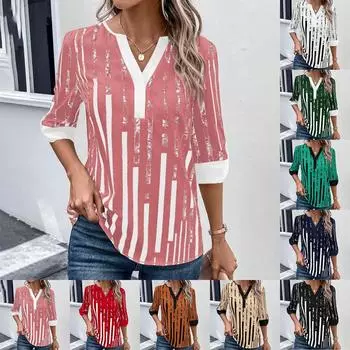 Женские повседневные летние новые цветные рубашки с пятиминутными рукавами и нашивками, женские топы, топы с v-образным вырезом с короткими рукавами/рубашки L чёрный