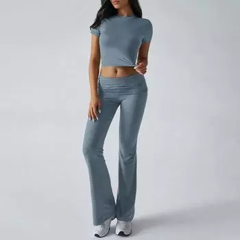 Женские повседневные летние однотонные облегающие брюки с коротким рукавом и складками, спортивный модный комплект L синий