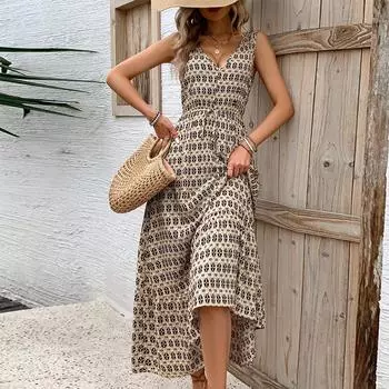 Женские повседневные летние платья без рукавов, весеннее лоскутное бохо-цветочное коктейльное вечернее платье S хаки