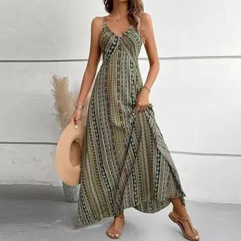 Женские повседневные летние платья без рукавов, весеннее лоскутное бохо-цветочное коктейльное вечернее платье L зелёный