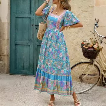 Женские повседневные летние платья без рукавов, весеннее лоскутное бохо-цветочное коктейльное вечернее платье XL синий