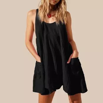 Женские повседневные летние платья без рукавов с открытой спиной, свободный струящийся сарафан на бретелях с карманами L чёрный