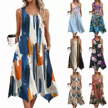 Женские повседневные летние платья без рукавов, весеннее платье-кружево с оборками и цветочным принтом в стиле бохо для коктейльной вечеринки M
