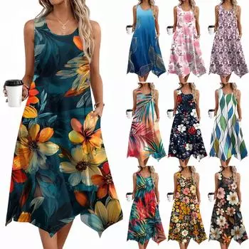 Женские повседневные летние платья без рукавов, весеннее платье-кружево с оборками и цветочным принтом в стиле бохо для коктейльной вечеринки L