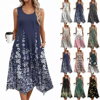 Женские повседневные летние платья без рукавов, весеннее платье-кружево с оборками и цветочным принтом в стиле бохо для коктейльной вечеринки L армия зеленый