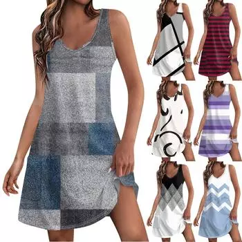 Женские повседневные летние платья-майки с карманами, полосатые лоскутные платья без рукавов с v-образным вырезом и принтом L чёрный