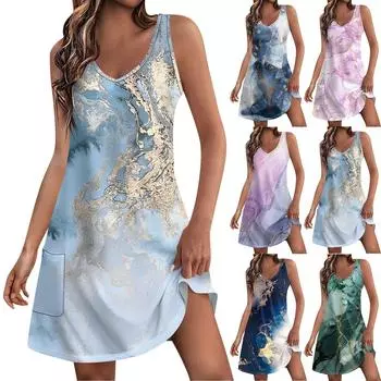 Женские повседневные летние платья-майки с карманами и v-образным вырезом с градиентным принтом, платья без рукавов L синий