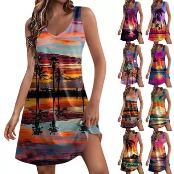 Женские повседневные летние платья-майки с карманами, гавайские платья без рукавов с v-образным вырезом и принтом L