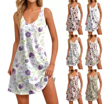 Женские повседневные летние платья-майки с карманами, небольшими цветочными V-образными вырезами, без рукавов L хаки